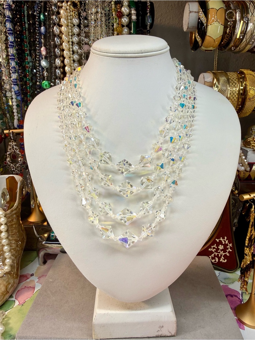 Vintage Multi-Strand Crystal Aurora Borealis Necklace - Clear